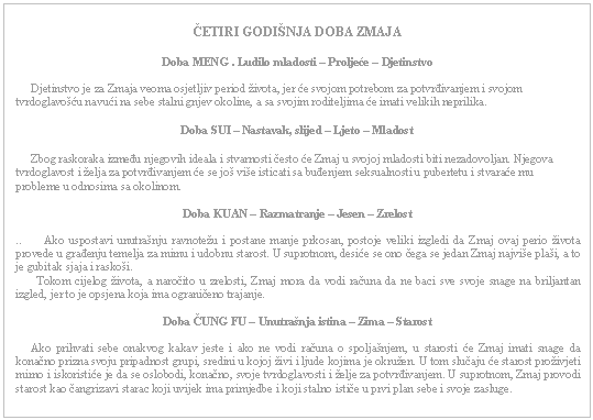 Text Box: ČETIRI GODIŠNJA DOBA ZMAJA    Doba MENG . Ludilo mladosti – Proljeće – Djetinstvo         Djetinstvo je za Zmaja veoma osjetljiv period života, jer će svojom potrebom za potvrđivanjem i svojom tvrdoglavošću navući na sebe stalni gnjev okoline, a sa svojim roditeljima će imati velikih neprilika.    Doba SUI – Nastavak, slijed – Ljeto – Mladost         Zbog raskoraka između njegovih ideala i stvarnosti često će Zmaj u svojoj mladosti biti nezadovoljan. Njegova tvrdoglavost i želja za potvrđivanjem će se još više isticati sa buđenjem seksualnosti u pubertetu i stvaraće mu probleme u odnosima sa okolinom.    Doba KUAN – Razmatranje – Jesen – Zrelost    ..     Ako uspostavi unutrašnju ravnotežu i postane manje prkosan, postoje veliki izgledi da Zmaj ovaj perio života provede u građenju temelja za mirnu i udobnu starost. U suprotnom, desiće se ono čega se jedan Zmaj najviše plaši, a to je gubitak sjaja i raskoši.         Tokom cijelog života, a naročito u zrelosti, Zmaj mora da vodi računa da ne baci sve svoje snage na briljantan izgled, jer to je opsjena koja ima ograničeno trajanje.    Doba ČUNG FU – Unutrašnja istina – Zima – Starost         Ako prihvati sebe onakvog kakav jeste i ako ne vodi računa o spoljašnjem, u starosti će Zmaj imati snage da konačno prizna svoju pripadnost grupi, sredini u kojoj živi i ljude kojima je okružen. U tom slučaju će starost proživjeti mirno i iskoristiće je da se oslobodi, konačno, svoje tvrdoglavosti i želje za potvrđivanjem. U suprotnom, Zmaj provodi starost kao čangrizavi starac koji uvijek ima primjedbe i koji stalno ističe u prvi plan sebe i svoje zasluge.             